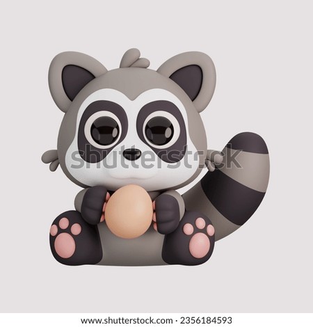 Cute Raccoon Holding Egg Isolated on White Background. Animals and Food Icon Cartoon Style Concept. 3D Render Illustration