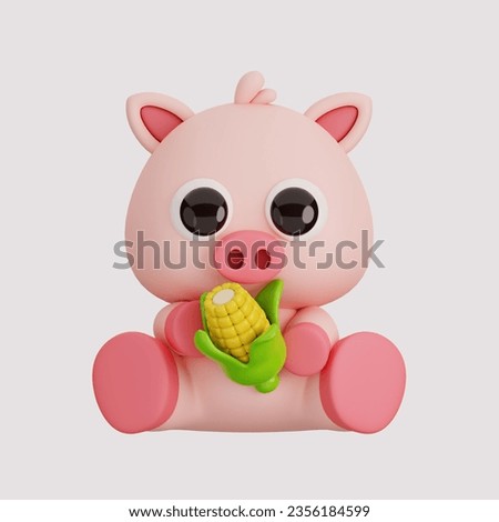 Cute Pig Holding Corn Isolated on White Background. Animals and Food Icon Cartoon Style Concept. 3D Render Illustration