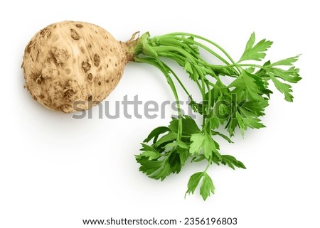 Fresh celery root with leaf isolated on white background. Top view. Flat lay Royalty-Free Stock Photo #2356196803