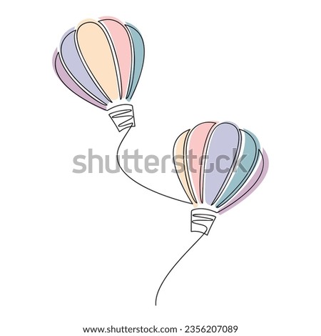 Vector air balloon one line continuous drawing illustration. Hand drawn linear silhouette icon. Minimal design element for print, banner, card, wall art poster, brochure, logo, sign, cartoon, doodle.