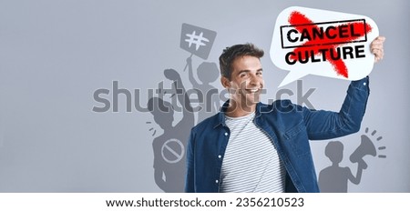 Cancel culture, man and speech bubble for voice, support and opinion with protest and influencer on grey background in studio. Poster, ban and social media influence for freedom of vote and politics