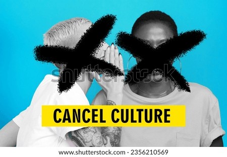Cancel culture, secret or gossip with woman friends on a blue background in studio to whisper. Social media, censor or ban with an influencer talking to a user behind an X to stop free speech