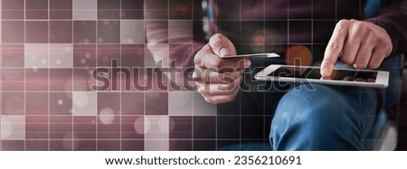 Person, tablet and hands with credit card on banner in payment, online shopping or banking on overlay. Closeup of shopper with debit and technology in ecommerce, electronic purchase or bank app