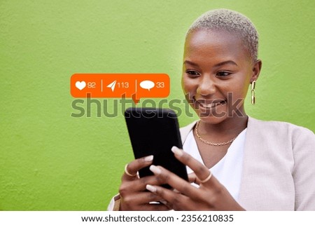 Woman, phone and texting with notification icon, typing or reading with web chat, blog and green background. African girl, contact and smartphone for communication, social network or overlay by wall