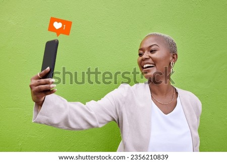 Selfie, happy black woman and heart icon, social media emoji and post memory picture, content creation or photography. Communication, love opinion or African influencer photo on green background wall