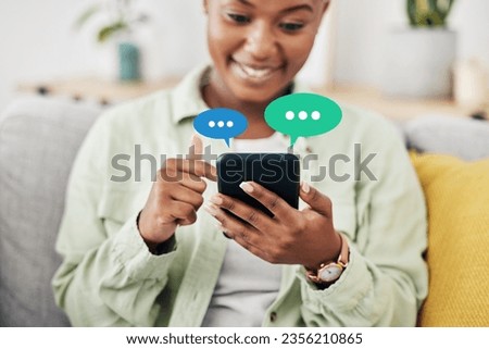 Phone, message icon or black woman to chat online dating for communication, texting or social media. Smile, sms overlay or happy African person typing on mobile app website or digital network at home Royalty-Free Stock Photo #2356210865
