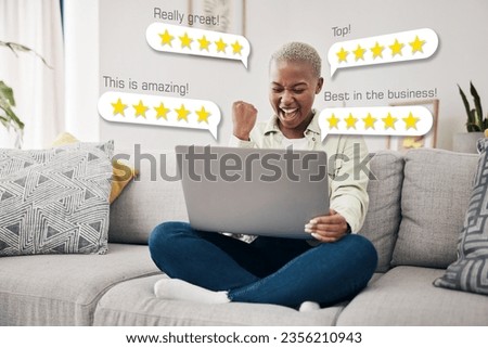 Laptop, excited and business owner reading review, email or feedback for financial bonus or 5 star rating. Overlay, success or happy woman in celebration of computer results or online sales at home Royalty-Free Stock Photo #2356210943