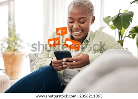 Notification, overlay and black woman with phone on sofa for social media, chat or emoji reaction at home. Smartphone, app and happy female influencer smile for online dating, blog or podcast content