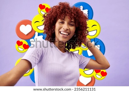 Selfie of woman influencer, social media and emoji in studio to like, subscribe and review online. Photography, content creation and girl on purple background with notification icon on live stream.