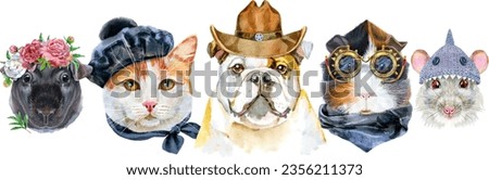 Pets border. Hand painted watercolour drawing, isolate clip art on white background. Banner design
