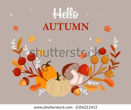 Pumpkins, mushrooms, acorns, rowan and maple leaves on a beige background. Autumn print, postcard, frame, vector	
