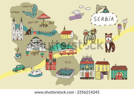 Travel Serbia landmarks vector illustrations map doodle set.