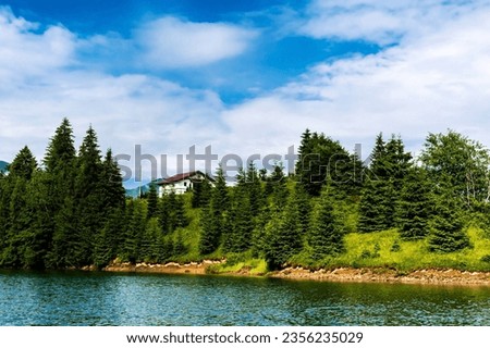 Landscape of Colibita lake, the sea from the mountain. Calimani mountains, Bistrita Nasaud county, Romania.