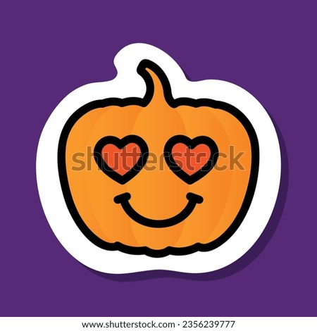 pumpkin heart eyes emoji sticker, cute pumpkin character in love, vector illustration