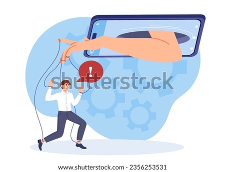 Puppet man concept. Young guy at strings. Manipulation and control. Mental health and psychological abuse. Character does what he told. Poster or banner. Cartoon flat vector illustration Royalty-Free Stock Photo #2356253531