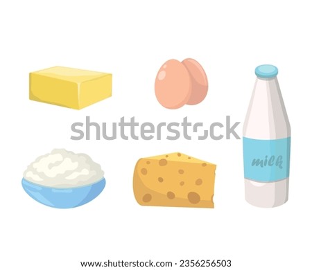 Set of dairy products. Milk and cottage cheese and eggs. Natural and organic food with protein. Healthy eating and diet. Cartoon flat vector collection isolated on white background Royalty-Free Stock Photo #2356256503
