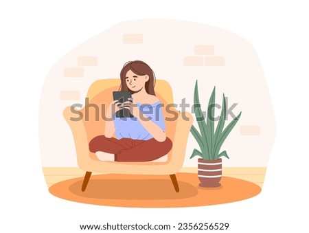 Woman working at home concept. Young girl at sofa with digital tablet. Distance worker and employee. Freelancer making money on internet. Comfortable workplace. Cartoon flat vector illustration