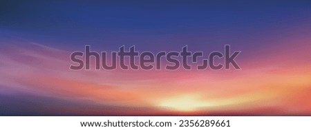 Sunset with sky blue, orange, yeloow,purple over sea,Vector Horizon nature cloud sky landscape of Sunrise in Morning,Wide Banner of Sunlight for four season background Royalty-Free Stock Photo #2356289661