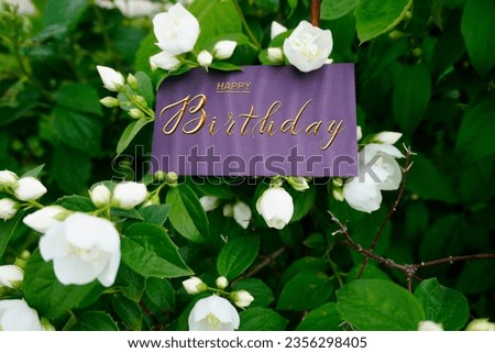  postcard , Internet banner , flat lay with a birthday greeting, with the inscription - happy birthday                              
