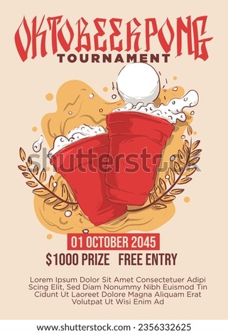 oktobeerpong tournament poster template. octeber beer bar event poster template. beer pong vector illustration poster template
