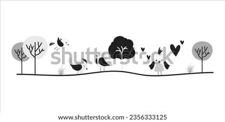 Monochrome Bird Divider, spring border, divider element. Isolated on white background. Vector illustration