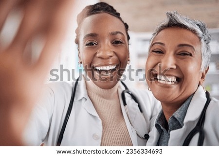 Happy, portrait or doctors in a selfie for a social media profile picture of a healthcare team of friends in hospital. Women or faces of medical worker taking picture or photo for memory with smile