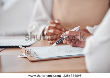 Hands, contract or doctor consulting a patient in meeting in hospital writing history or healthcare record. Document closeup, peperwork or nurse with person speaking of test results or medical advice Royalty-Free Stock Photo #2356334695