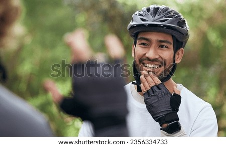 Cycling, sign language and a man in outdoor for fitness, training or communication with a deaf friend. Team building, exercise and a cyclist talking to a sports person with a disability in nature