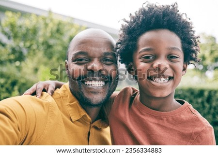 Portrait, father and child take a selfie in nature as a happy family to relax on holiday together. Smile, faces or African dad taking picture or photograph with an excited young boy or kid in park