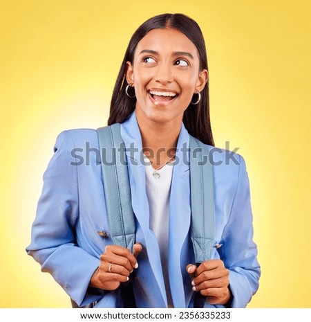 Happy woman, student and thinking in studio with ideas, smile or vision of memory by yellow background. Remember, planning or Indian girl brainstorming a decision, choice or studying future with bag