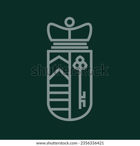 Heraldic emblem with shield, crown and keys. Logo design template. Linear style. Vector illustration Royalty-Free Stock Photo #2356336421