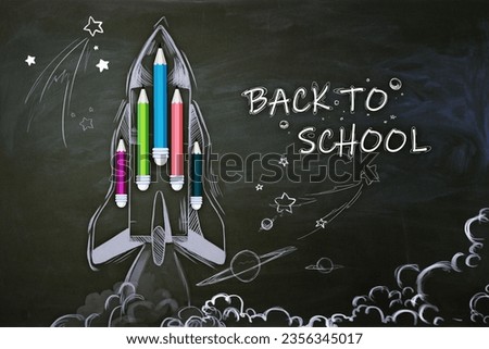 Creative back to school sketch with pencils and rocket on chalkboard wall texture. Education and knowledge concept