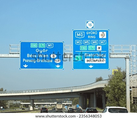 huge road sign with indications to reach the Austrian or Slovak localities in the Hungarian road