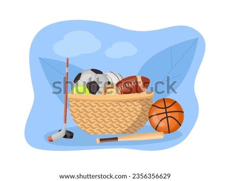 Different sport equipment in basket vector illustration. Basketball, football, tennis ball, baseball bat, hockey stick for training and competition. Sport, physical activity concept