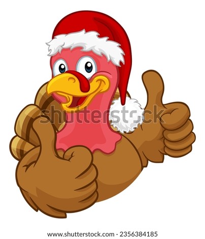 Turkey Christmas or Thanksgiving Holiday cartoon character wearing a Santa Claus hat