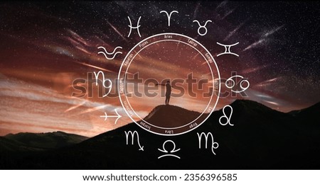 Zodiac wheel and photo of woman in mountains under starry sky. Banner design Royalty-Free Stock Photo #2356396585