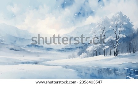 Abstract watercolor mountains landscape with lake and snow. Winter nature landscape blue color watercolor vector illustration. Drawing winter time concept background. Royalty-Free Stock Photo #2356403547