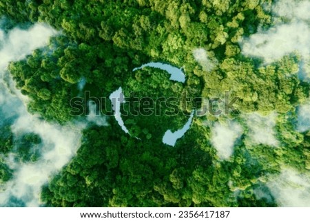 Abstract icon representing the ecological call to recycle and reuse in the shape of a pond with recycling symbol in the middle of a beautiful untouched forest. 3d rendering. Royalty-Free Stock Photo #2356417187