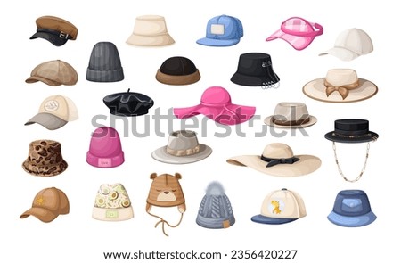 Hats set vector illustration. Cartoon isolated different retro and modern model of hats for man and woman collection, caps for summer and winter, fashion headwear of hipster and knit beanie of kids