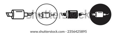 Exhaust muffler icon. Car automobile vehicle catalytic tail pipe filter nozzle outlet symbol. Vector set of motor auto pollution pipeline part. Flat outline of burn gas remover engine silencer logo