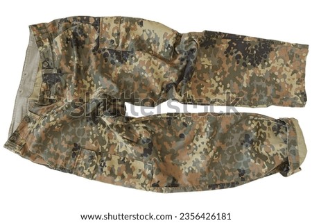 Military Pants Or Trousers Of The German Army Or Bundeswehr With 5 Color Camouflage On White Background, German Armed Forces Clothing, German Army Clothes, Bundeswehr Clothing, Bundeswehr Clothes Royalty-Free Stock Photo #2356426181