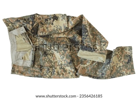 Military Pants Or Trousers Of The German Army Or Bundeswehr With 5 Color Camouflage On White Background, German Armed Forces Clothing, German Army Clothes, Bundeswehr Clothing, Bundeswehr Clothes Royalty-Free Stock Photo #2356426185