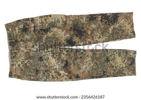 Military Pants Or Trousers Of The German Army Or Bundeswehr With 5 Color Camouflage On White Background, German Armed Forces Clothing, German Army Clothes, Bundeswehr Clothing, Bundeswehr Clothes Royalty-Free Stock Photo #2356426187