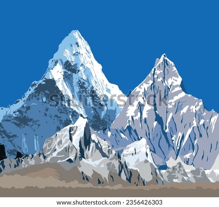 Great Himalayan range, Himalayas mountains vector illustration, snowcapped white and blue colored mountain Royalty-Free Stock Photo #2356426303