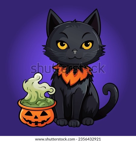 Halloween black cat with witch potion cauldron. Trendy hand drawn graphic. Cartoon style vector illustration violet. Decoration for Halloween party poster, greeting card, flyer, banner. Clip-art.