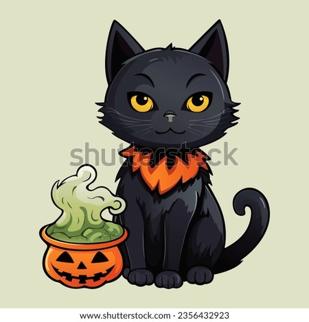 Halloween black cat with witch potion cauldron. Trendy hand drawn graphic. Cartoon style vector illustration. Decoration for Halloween party poster, greeting card, flyer, banner. Clip-art.