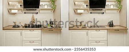 Cleaning in the home kitchen, before and after. Organization of order in the home room Royalty-Free Stock Photo #2356435353