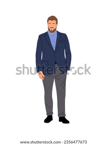 Elegant business man wearing fashion formal outfit. Handsome Plus size man standing full length. Bearded male character vector realistic illustration isolated on white background
