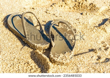 A pair of flip flops was left behind in the sandy shores of Melasti Beach, Bali, Indonesia. Still life photography.