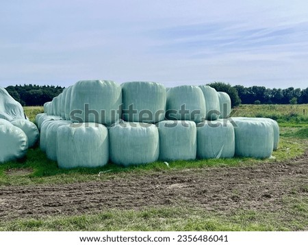 Environmentally Friendly Storage, Round Hay Bales Wrapped in Plastic Bags.